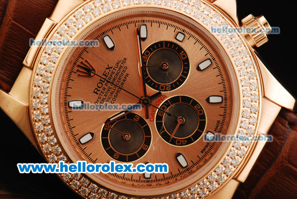 Rolex Daytona Chronograph Miyota Quartz Movement Rose Gold Case with Double Row Diamond Bezel and RG Dial - Brown Leather Strap - Click Image to Close